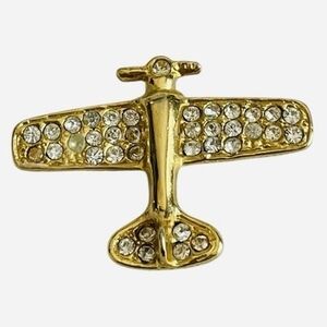 Vintage Gold Tone Airplane Brooch Pin 1.75" Clear Crystals Aviation Jewelry VG